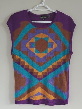 Vintage Jeanne Pierre Geometric Purple Knit Linen Blend Top Vest Sz M Boho Retro